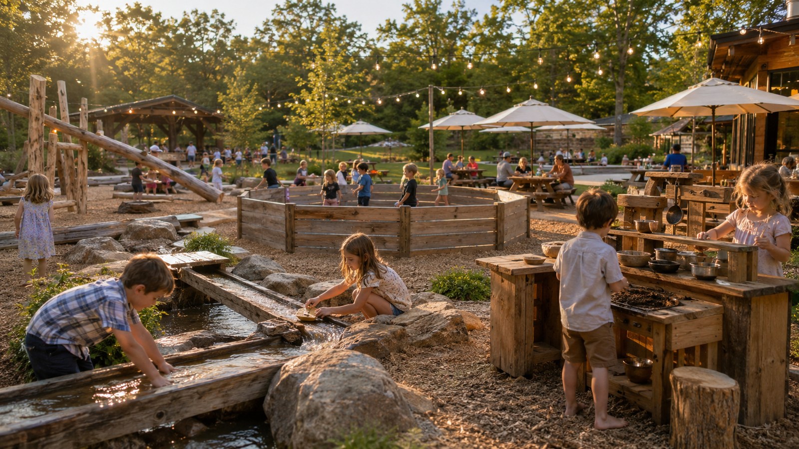 An adventure yard concept with water channels, mud kitchen, and timber play.