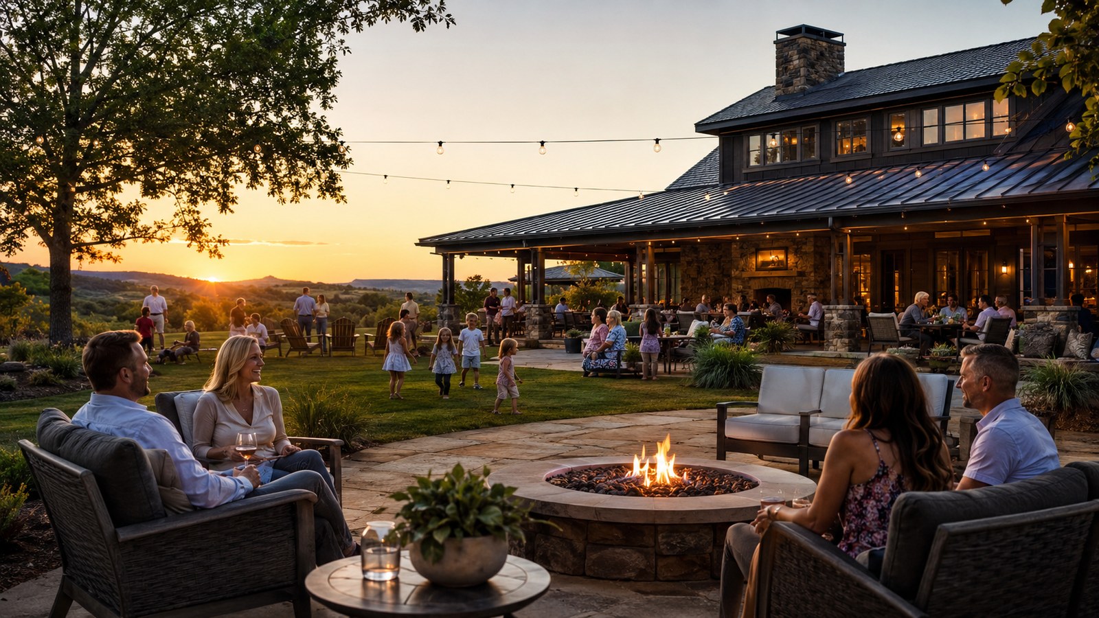 A lodge patio concept with parents gathered by a fire pit at sunset.