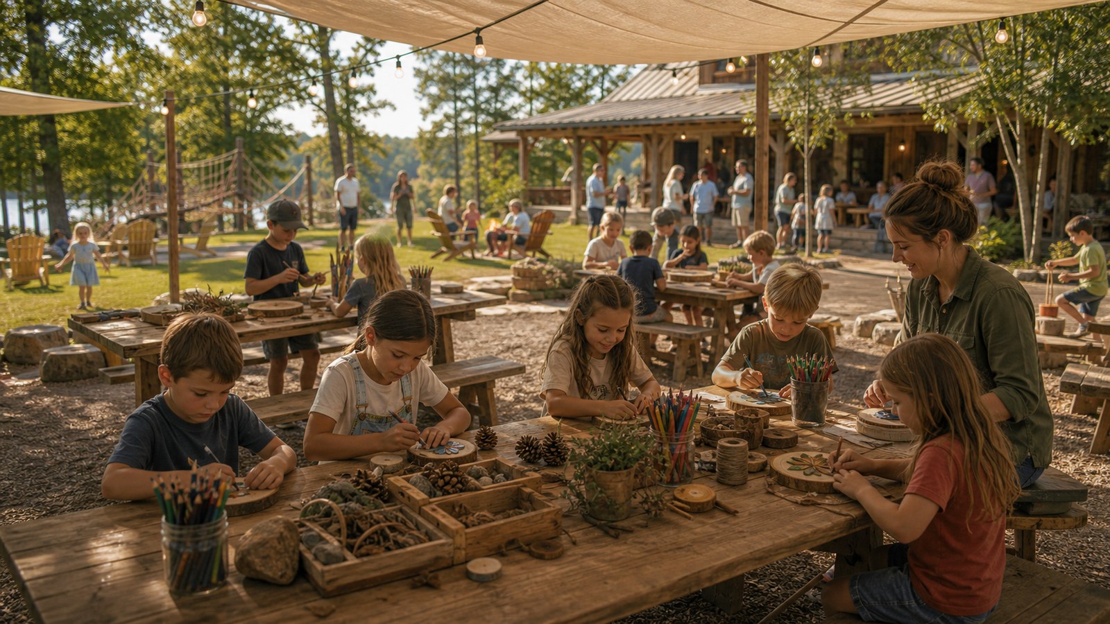 A mini camp concept with craft tables, activity stations, and canvas shade.