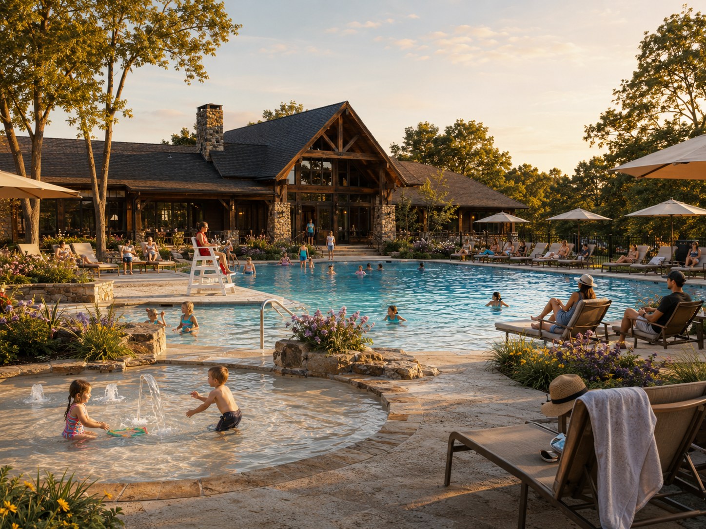 A family pool deck concept with shallow splash play and shaded seating.